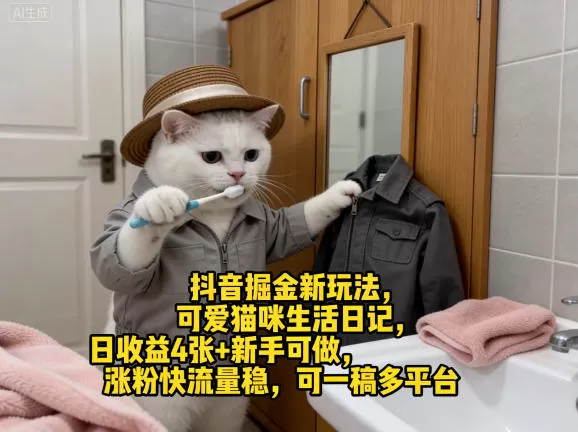 抖音掘金新玩法，可爱猫咪生活日记，日收益4张+新手可做，涨粉快流量稳，可一稿多平台-鹊桥梦网创