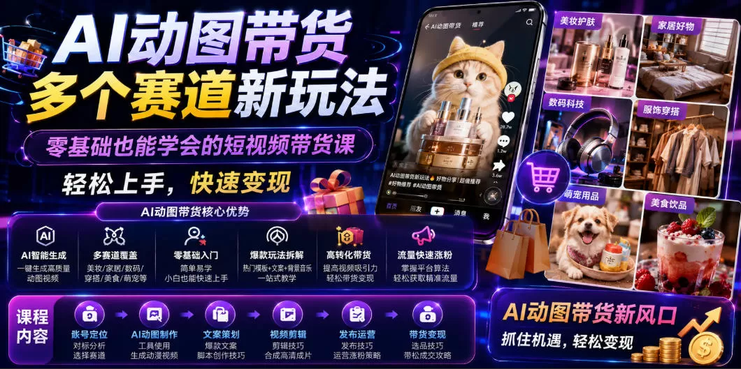 AI动图带货多个赛道新玩法,零基础也能学会的短视频带货课,轻松上手,快速变现-鹊桥梦网创