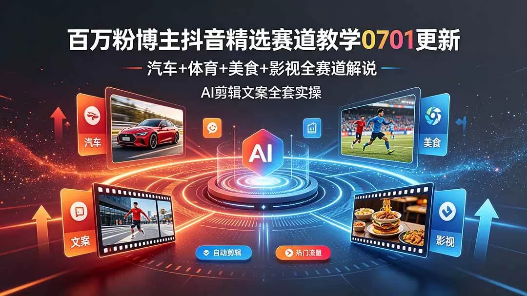 (19144期)百万粉博主抖音精选赛道教学-0701更新,汽车+体育+美食+影视全赛道解说,AI剪辑文案全套实操-鹊桥梦网创
