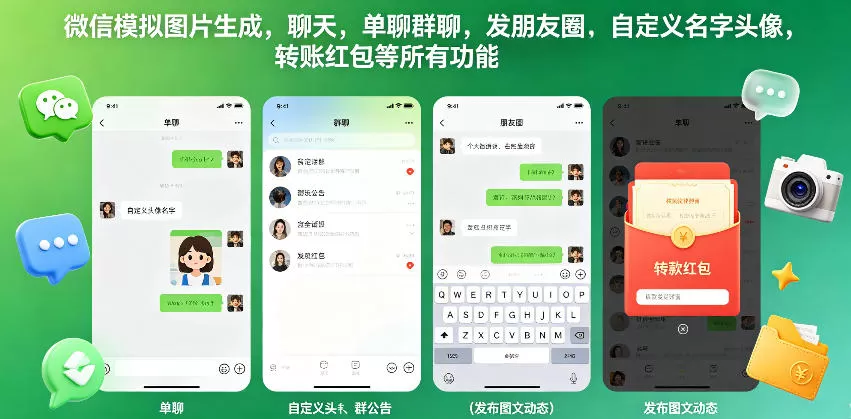 微信模拟图片生成，聊天，单聊群聊，发朋友圈，自定义名字头像，转账红包等所有功能都可以生成-鹊桥梦网创