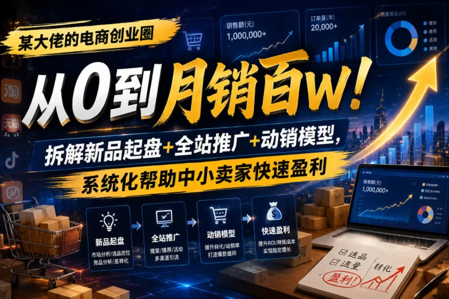 某大佬的电商创业圈从0到月销百W！拆解新品起盘+全站推广+动销模型，系统化帮助中小卖家快速盈利-鹊桥梦网创