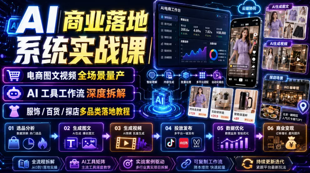 AI商业落地系统实战课|电商图文视频全场景量产・AI工具工作流深度拆解・服饰/百货/探店多品类落地教程-鹊桥梦网创