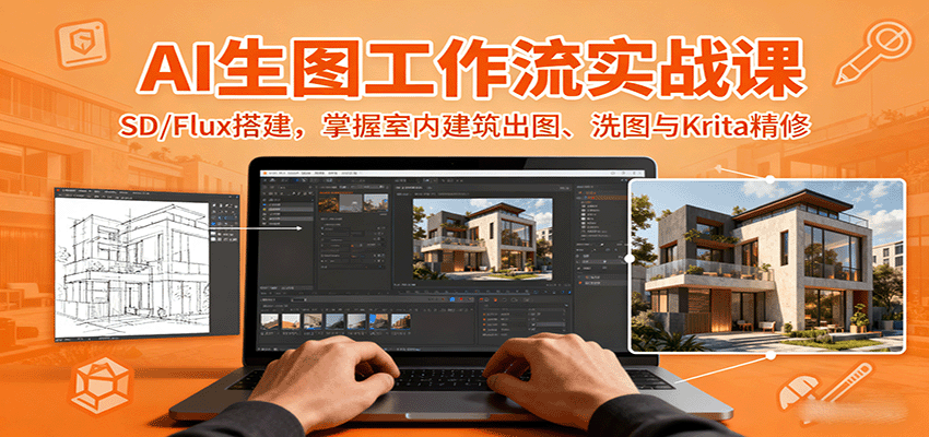 AI生图工作流实战课：SD/Flux搭建，掌握室内建筑出图、洗图与Krita精修-鹊桥梦网创