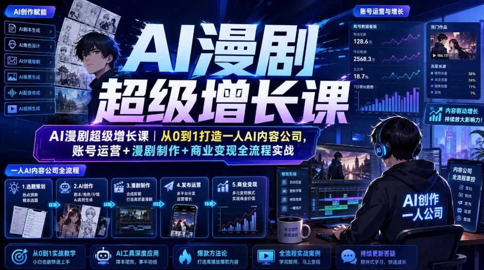 AI漫剧超级增长课|从0到1打造一人AI内容公司,账号运营+漫剧制作+商业变现全流程实战-鹊桥梦网创