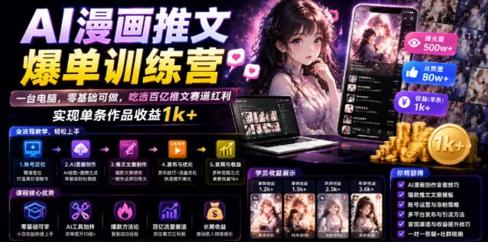 AI漫画推文爆单训练营,一台电脑,零基础可做,吃透百亿推文赛道红利,实现单条作品收益1k+ AI漫画推文爆单训练营,一台电脑,零基础可做,吃透百亿推文赛道红利,实现单条作品收益1k+