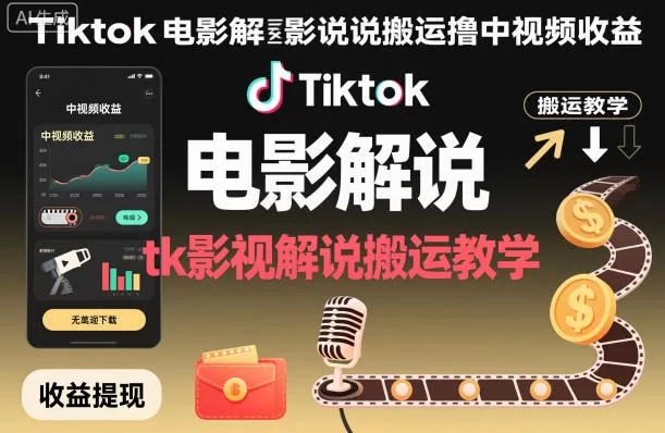 Tiktok电影解说搬运撸中视频收益,tk影视解说搬运教学-鹊桥梦网创