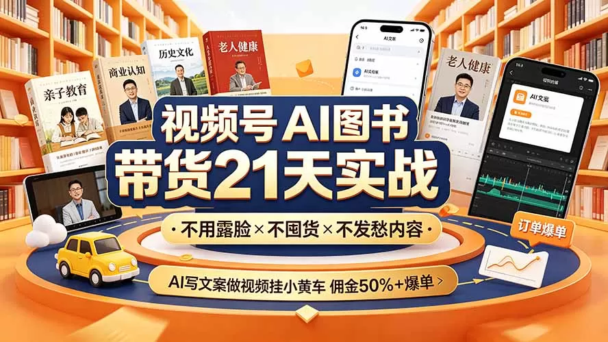 视频号AI图书带货21天实战：不用露脸×不囤货×不发愁内容，AI写文案做视频挂小黄车，佣金50%+爆单-鹊桥梦网创