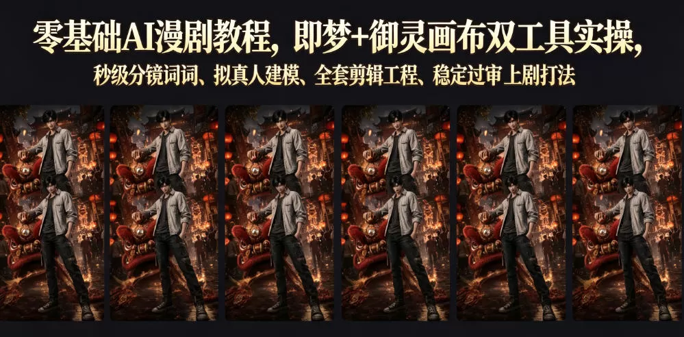 零基础AI漫剧教程,即梦+御灵画布双工具实操,秒级分镜提示词、拟真人建模、全套剪辑工程、稳定过审上剧打法-鹊桥梦网创