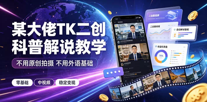 某大佬TK二创科普解说教学,不用原创拍摄不用外语基础,零基础做TikTok中视频稳定变现-鹊桥梦网创