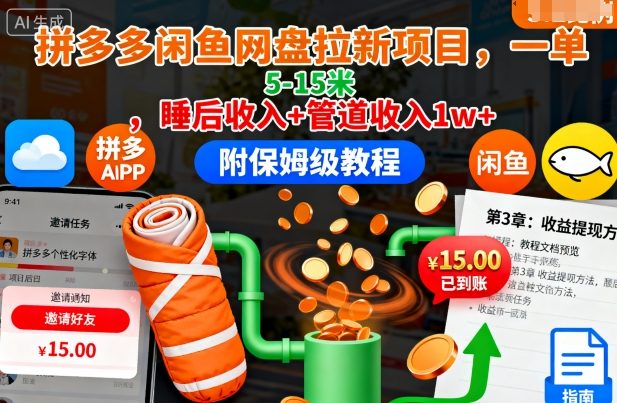 拼多多闲鱼网盘拉新项目,一单5-15米,睡后收入+管道收入1w+(附保姆级教程)-鹊桥梦网创