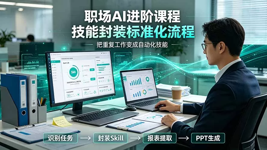 职场AI进阶课程;多类实用Skill工具实操,专属技能封装标准化流程,报表行业报告一键提取核心内容-鹊桥梦网创