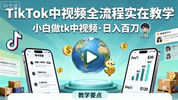 TikTok中视频全流程实操教学，小白做tk中视频，日入百刀-鹊桥梦网创