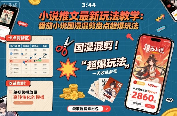 小说推文最新玩法教学，番茄小说国漫混剪盘点超爆玩法，全程干货，一天收益多张-鹊桥梦网创