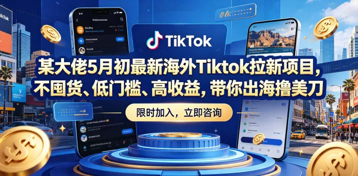某大佬5月初最新海外Tiktok拉新项目，不囤货、低门槛、高收益，带你出海撸美刀-鹊桥梦网创