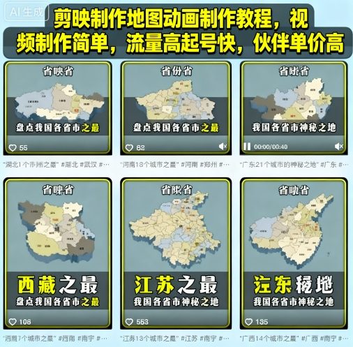 剪映制作地图动画制作教程，视频制作简单，流量高起号快，伙伴单价高-鹊桥梦网创