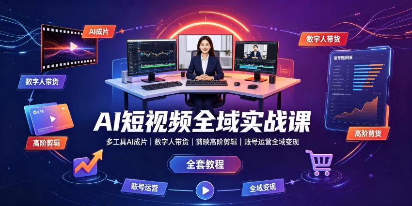 AI短视频全域实战课｜多工具AI成片、数字人带货、剪映高阶剪辑、账号运营全域变现全套教程-鹊桥梦网创