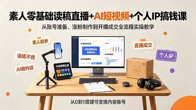 素人零基础读稿直播+AI短视频+个人IP搞钱课，从账号准备、涨粉制作到开播成交全流程实操教学-鹊桥梦网创