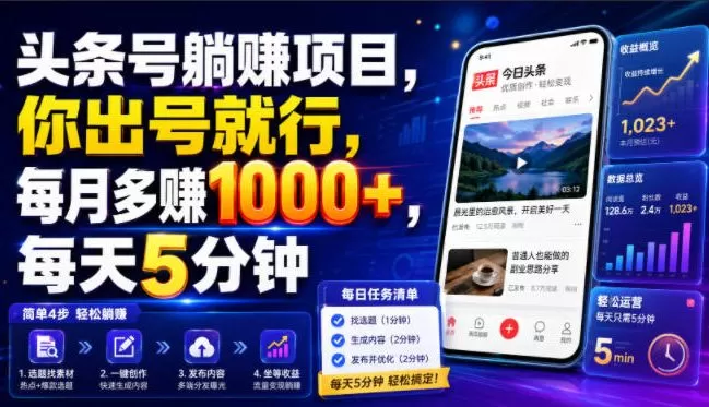 头条号躺賺项目，你出号就行，每月多賺1000+，每天5分钟，坐等分米【揭秘】-鹊桥梦网创